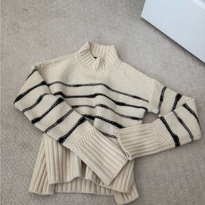 Veronica Beard Cream and Black Striped Turtleneck Sweater